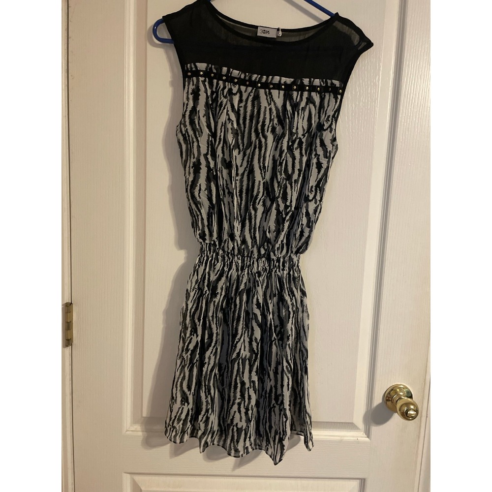 Three Eighty Two Zebra Print Mesh Yoke Studded Mini Dress‎ Black White Size M